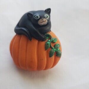 Vintage Halloween Pin Black Cat on Pumpkin Resin Safety Pin Back Costume Jewelry
